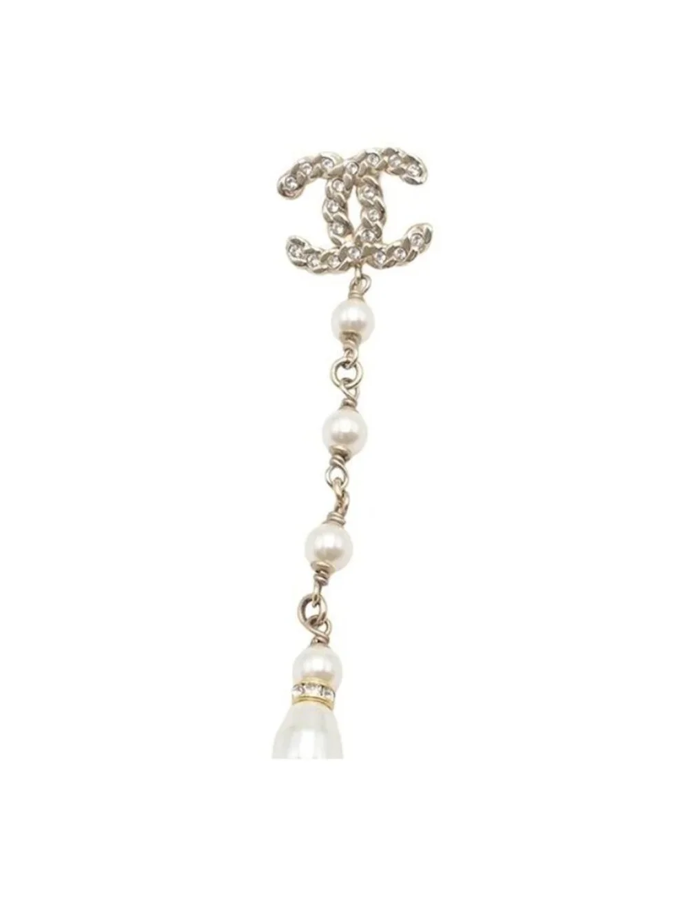 Chanel Earrings Light Gold Metal Asymmetric CC Logo Rhinestone Faux Pearl